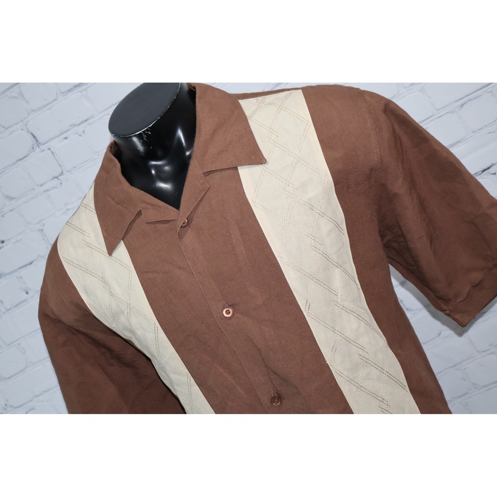 Cubavera Hawaiian Shirt Mens XL Brown Linen Rayon Blend Guayabera Bowling